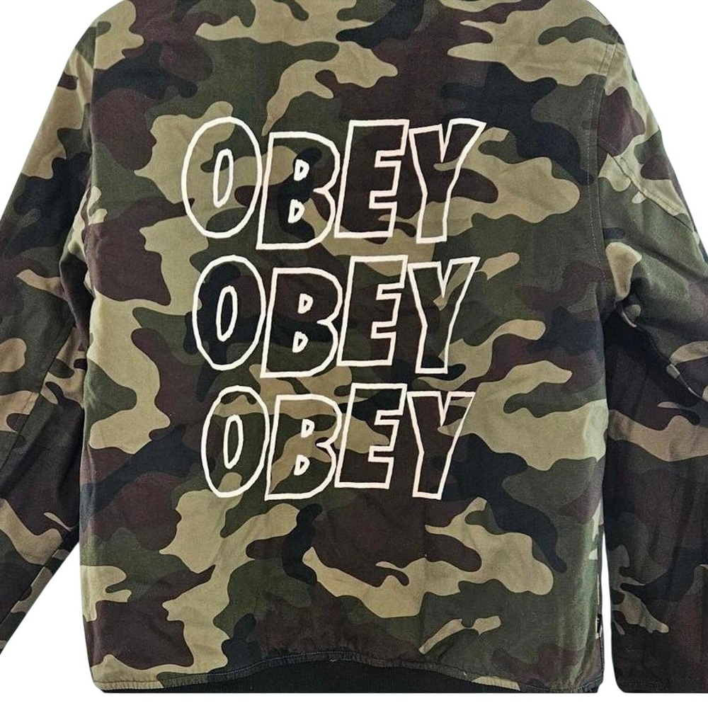 Obey Worldwide Mens Camo Bomber Jacket Full Zip Size S Graphic Back Unisex Urban - Picture 2 of 6